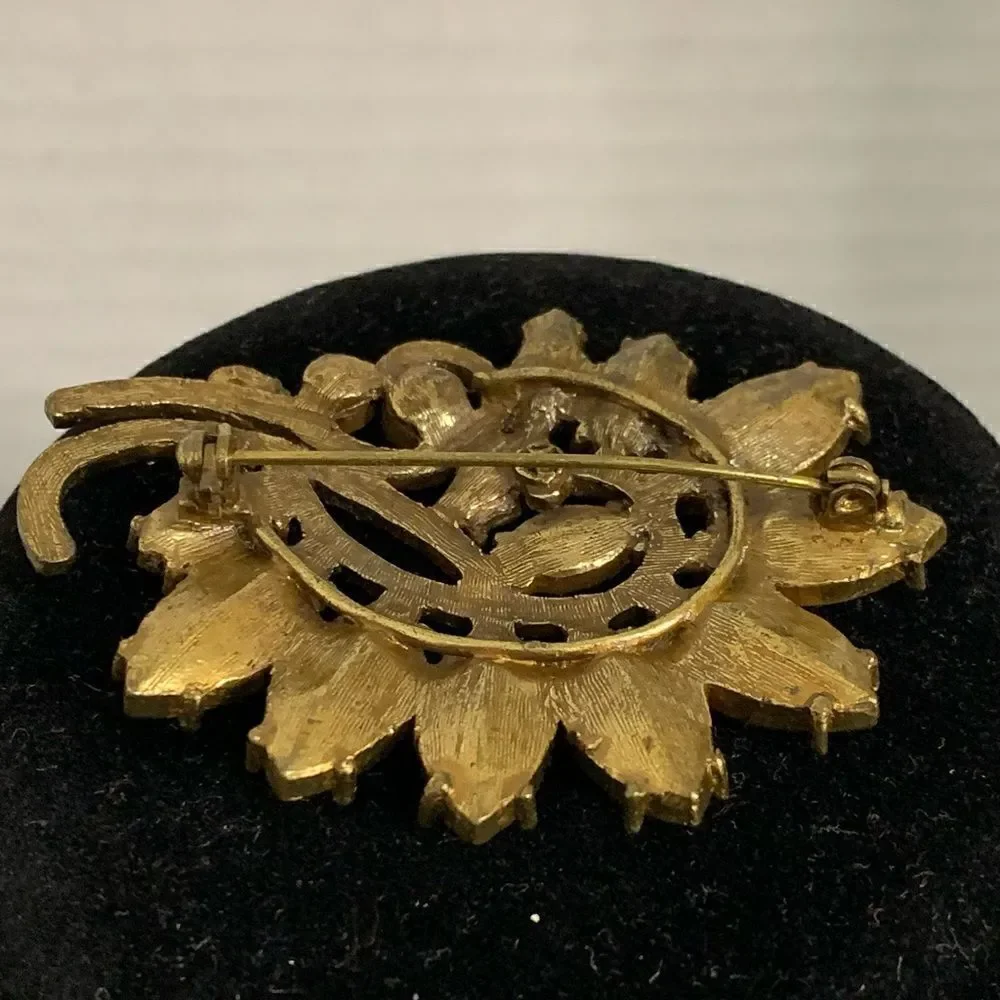 Brooch Orange and Brown Pin with Rhinestones H. D. Merritt Co. Signed Vintage